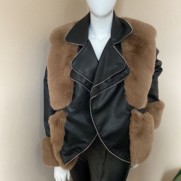 NWT Azalea Wang Faux Fur Leather Moto Jacket -Black & Brown - Size 1X - Picture 10 of 16